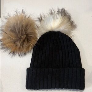 Black Knit Beanie with Faux Fur Pom-Poms